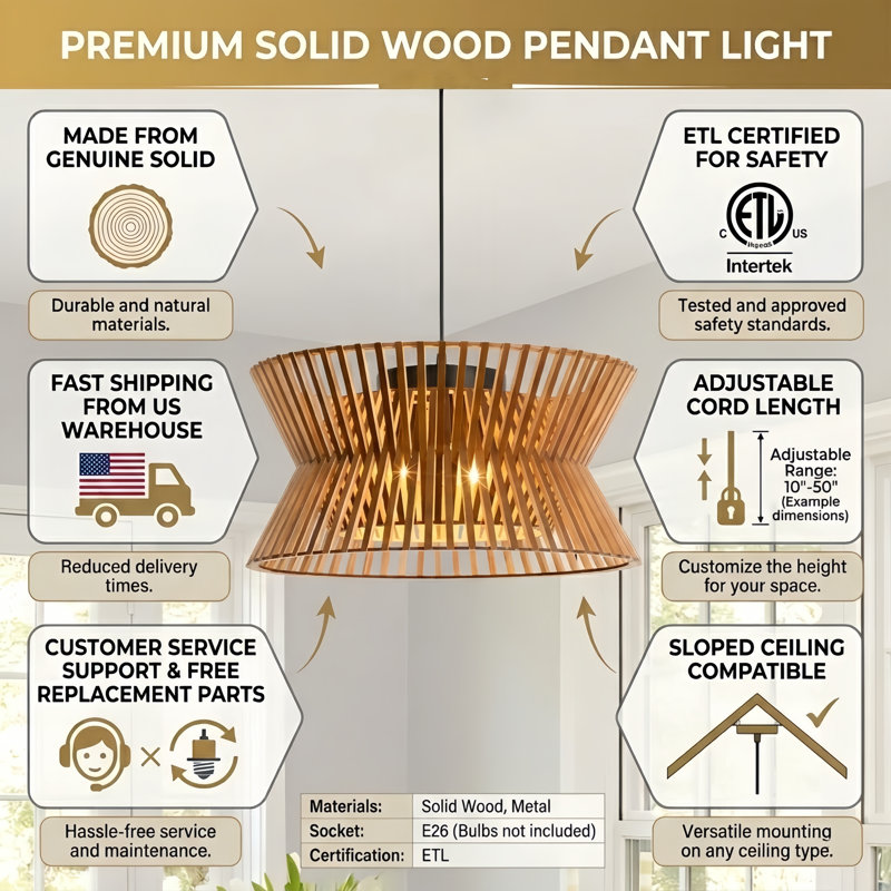Arba 3-Light Dimmable Solid Wood Drum Chandelier, Coffee