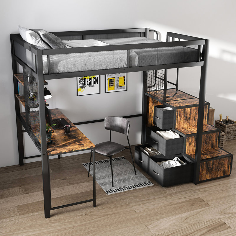 Lit mezzanine double Space avec style rustique et beaucoup de rangement pour une chambre à coucher confortable, bureau de charge spacieux, parfait pour jouer