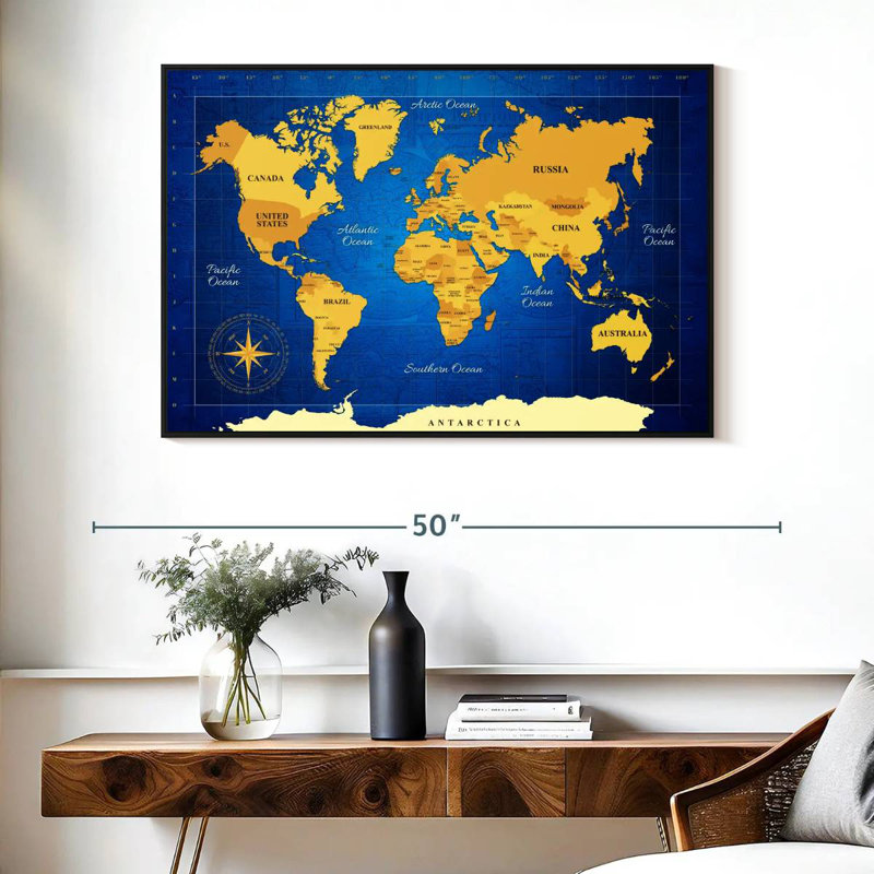 Carte du monde jaune, Cadre flottant noir, 40 po x 27 po