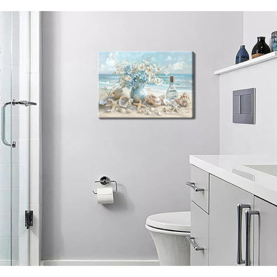 Blue Ocean Beach Canvas Wall Art – Coastal Seashell And Starfish Painting For Living Room, Bedroom & Bathroom