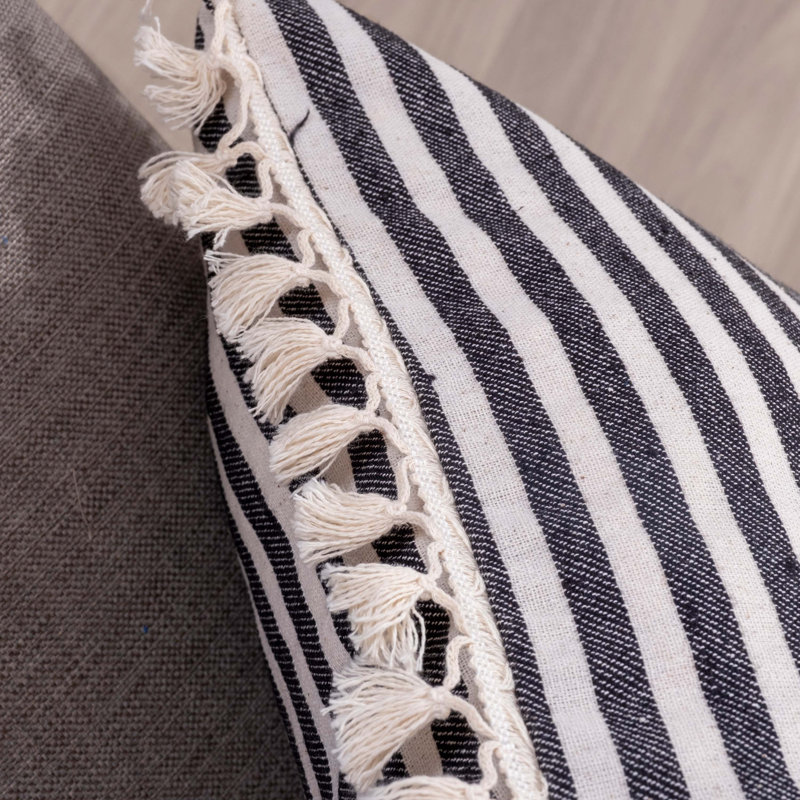 Arreguin Striped White Square Cushion Cover, Black