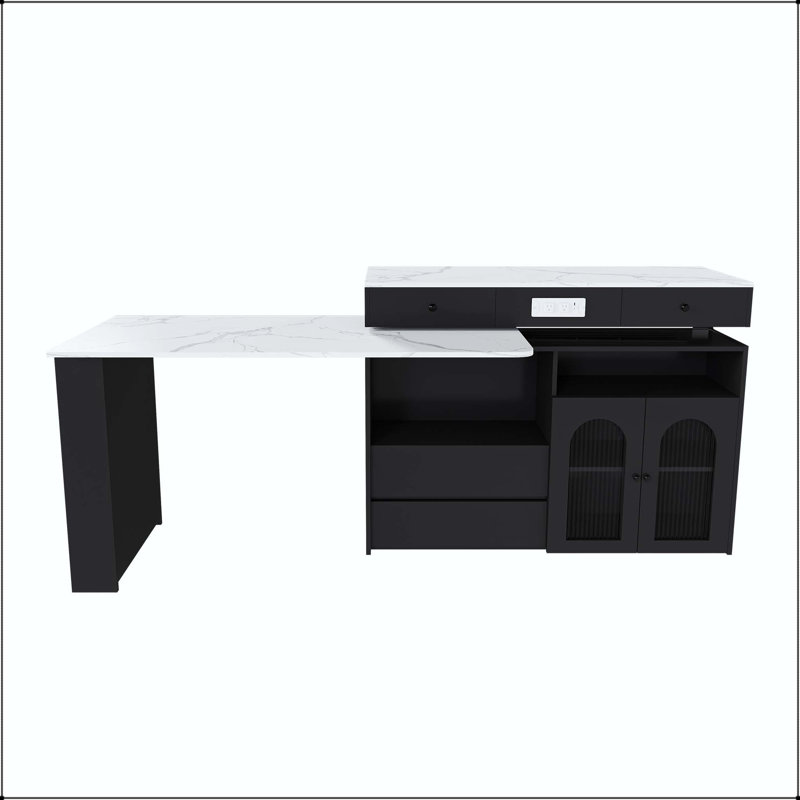 47" Kitchen Island with Extendable & Rotating Table, 4 Drawers, and Glass Door Cabinets – Marble Veneer Retro, Black