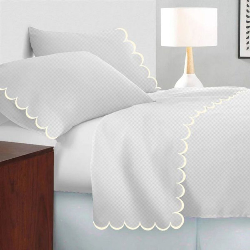 Allena 400TC Cotton Scallop Embroidery Sateen Microcheck Cotton 4 Piece Sheet Set Fitted Sheet Fits Upto 16" Deep Pocket