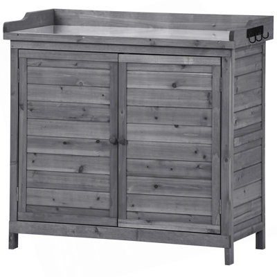 Outdoor 39" Potting Bench Table, Rustic Garden Wood Workstation Storage Cabinet Garden Shed With 2-Tier Shelves And Side Hook, Grey