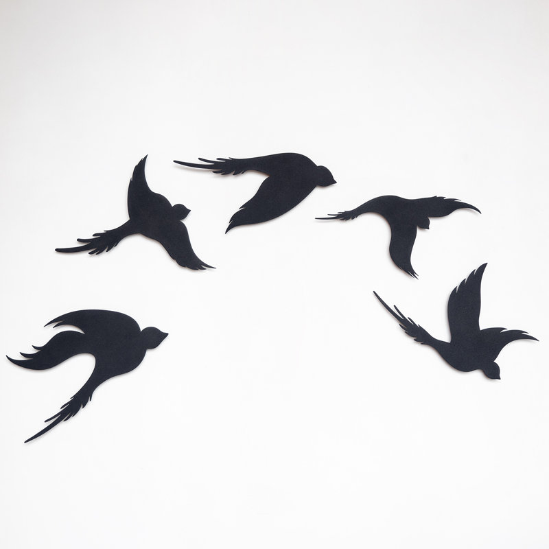 Ensemble de 5 décorations murales oiseaux en métal, Noir