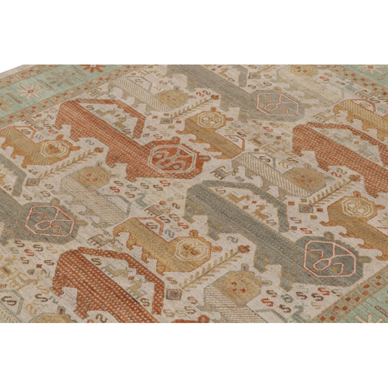 Caucasian Rug In Orange, Gray, Green Pictorial Pattern By Rug & Kilim, Square 4'
