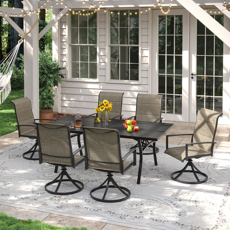 6-Person Outdoor Rectangular Patio Dining Set With  Swivel Chairs, Black/Brown