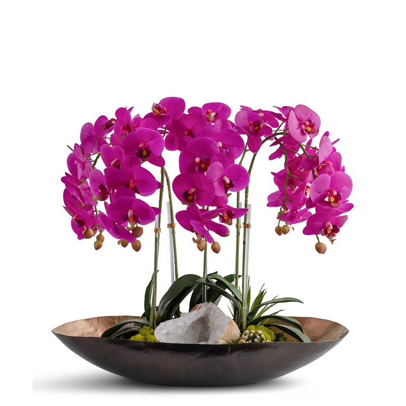 Orchids in Two-Tone Metal Planter with Moroccan Geode, Pink