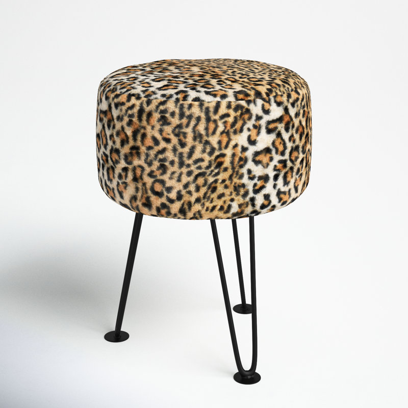 33cm Wide Round Animal Print Standard Ottoman, Brown Faux Fur