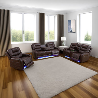 Dark Brown Breathing Leather 3-Piece Reclining Living Room Set