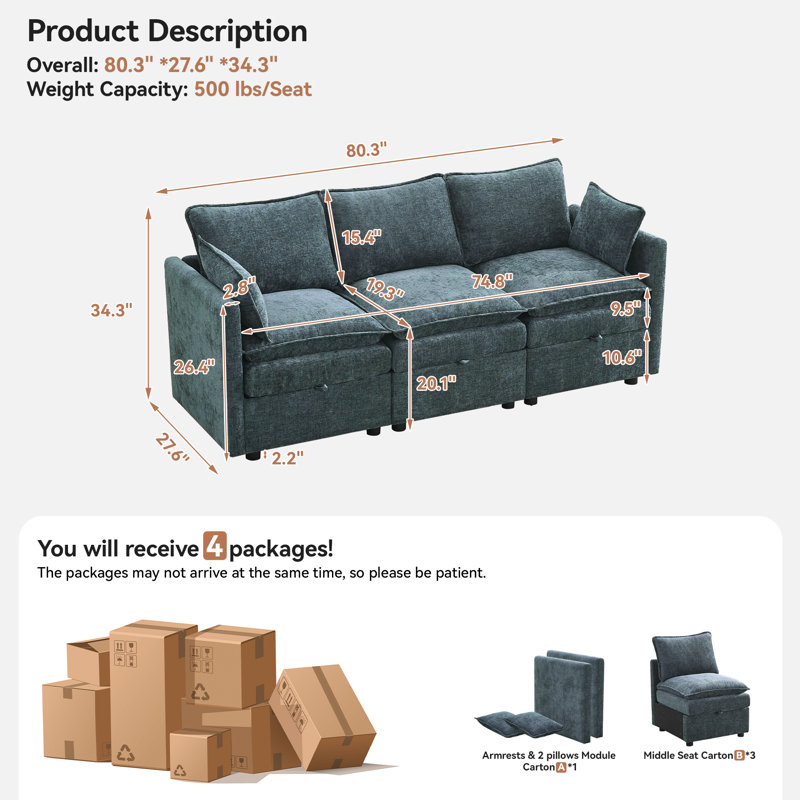 Canapé 80,3 po, Bleu
