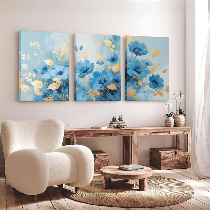 «Blue Floral with Gold Leaves», reproduction d'art sur toile tendue sur toile (ensemble de 3), H 24 po x l 48 po