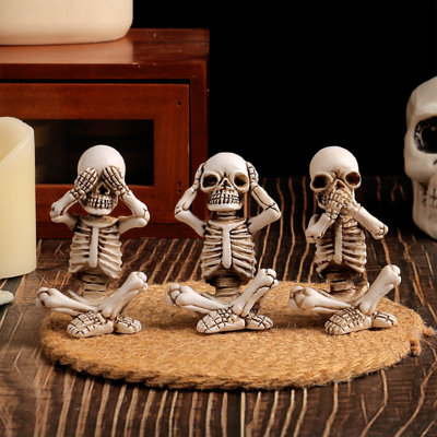 Halloween Skeletons   Three Monkeys Horror Decor   Resin Skull Tabletop Statues   Spooky Desktop Decor Set