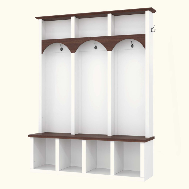 Farmhouse Wooden Style Hall Tree With Arched Design, Practical Entryway Storage Bench With 5 Hooks, Minimalist 4-In-1 Hallway Shoe Cabinet With 7 Cubbies For Mudroom, Living Room