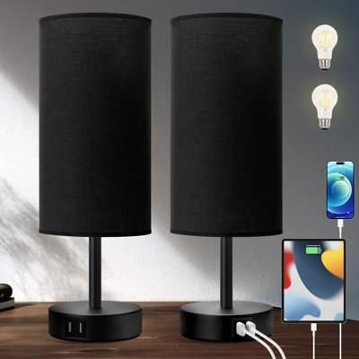 Modern Black Table Lamp Set of 2 with Fabric Shade and USB Charging Ports