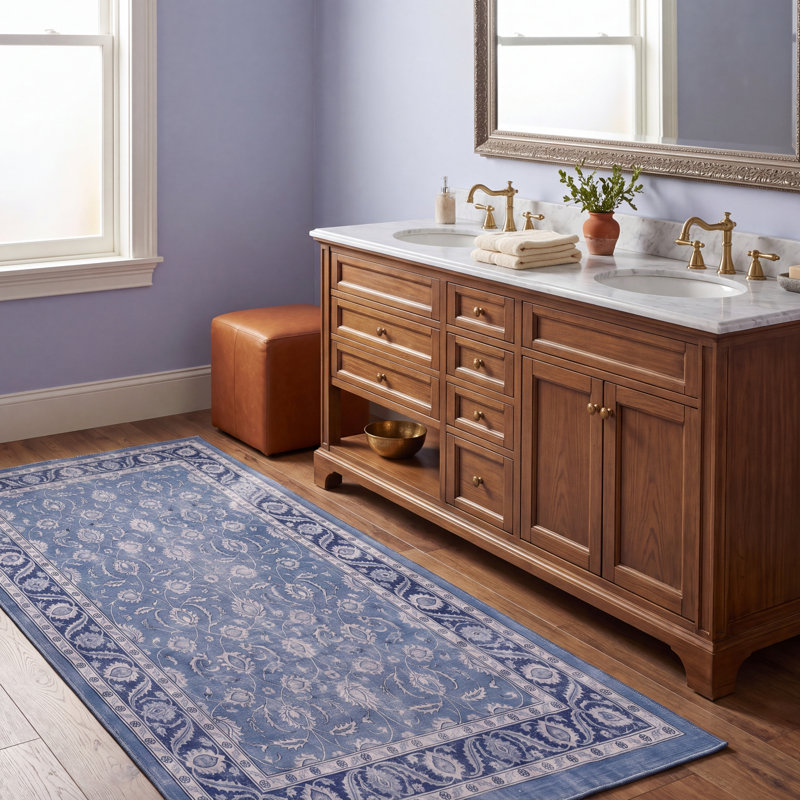Tapis Flint traditionnel à motif floral intégral bleu, gris et crème, lavable en machine, antidérapant, à poils courts, pour intérieur et extérieur, adapté aux animaux domestiques, idéal pour le salon, la chambre, la salle à manger, l'entrée, le corridor ou le bureau.