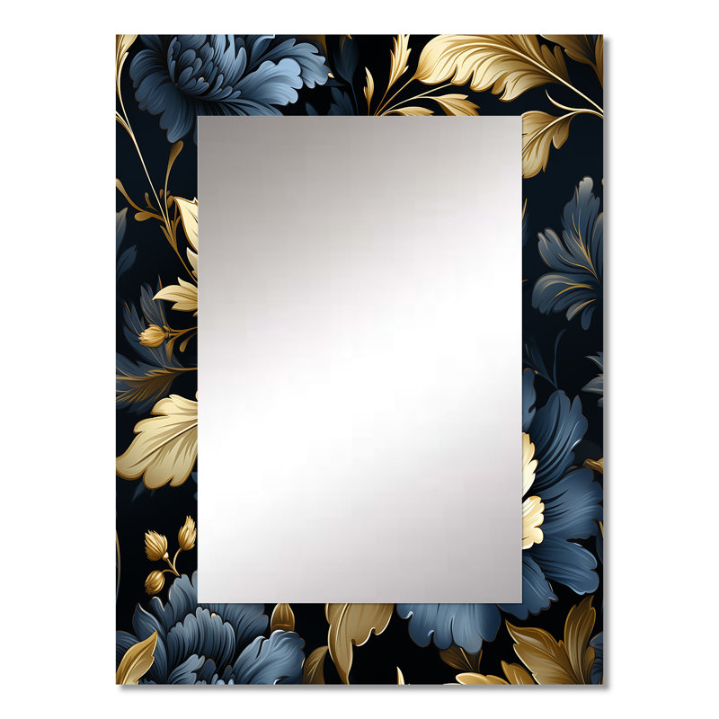 Keaundra bleu foncé et doré doré damassé glamour - miroir damassé, miroir mural décoratif Boho, reproduction d'art en métal