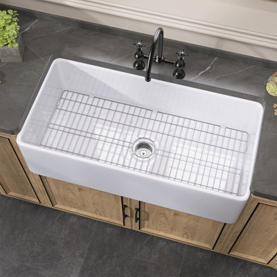 Single Bowl Fireclay Farmhouse Kitchen Sink with Sink Grid and Basket Strainer