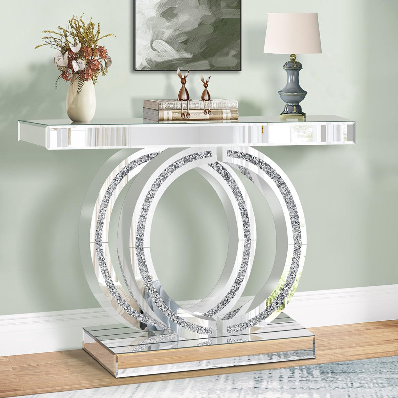 Console à miroir argentée avec incrustation de diamant concassé, table de canapé d'entrée de 39,4 po de long, table d'appoint moderne à double base en forme de O pour le salon, le couloir, le vestibule, l'entrée