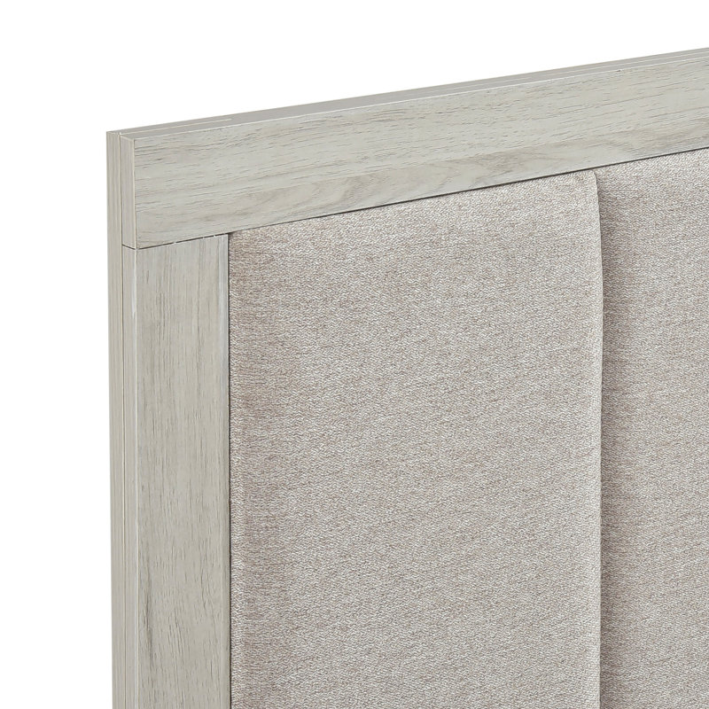 Grand lit plateforme contemporain avec finition en chêne blanc et gris à deux tons, tête de lit tapissier pour la chambre à coucher, tissu beige, assemblage simple, pas de sommier tapissier requis