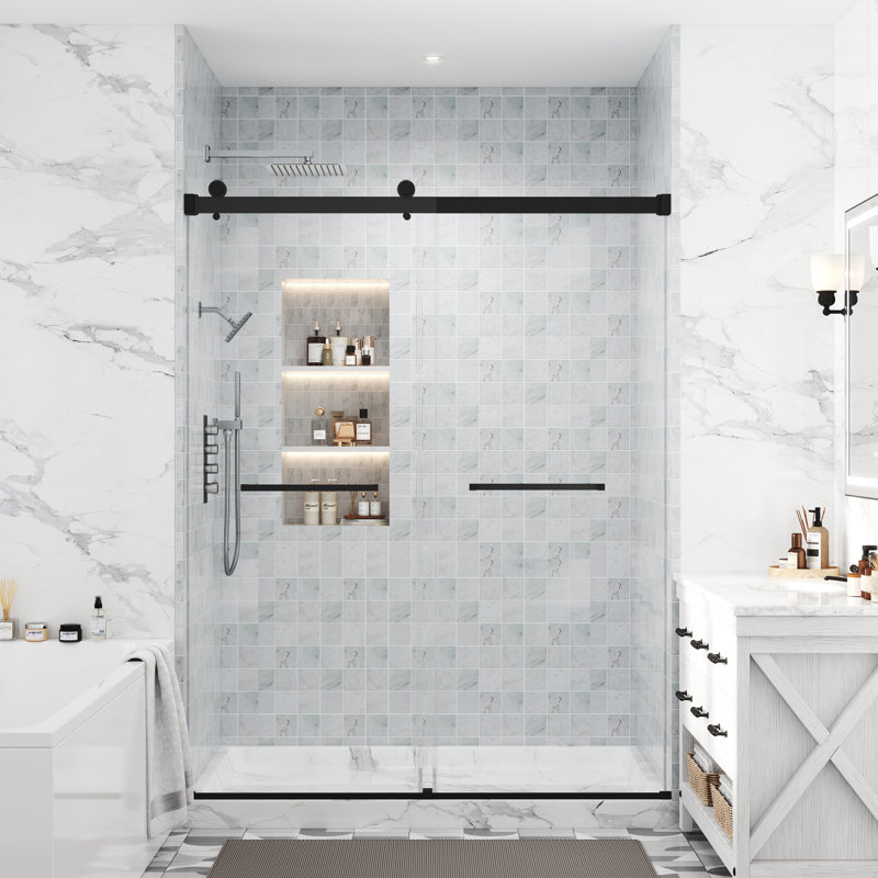 Porte de douche coulissante double sans cadre de 56 à 60 po x 75 po avec verre trempé transparent et porte-serviettes