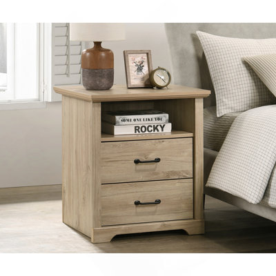 22"W Light Oak Finish 2-Drawer Nightstand Bedside Table with USB Charging  Ports