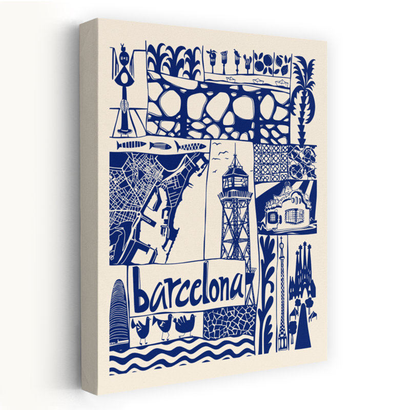 Illustration murale moderne abstraite représentant un voyage à Barcelone : oiseaux, poissons et palmiers., H 60 po x l 40 po