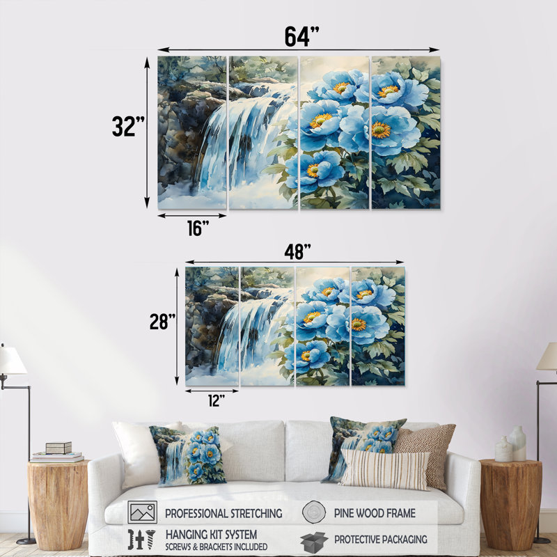 Pivoines par la cascade V - par Wall Art - art mural traditionnel sur toile, 4, H 28 po x l 48 po
