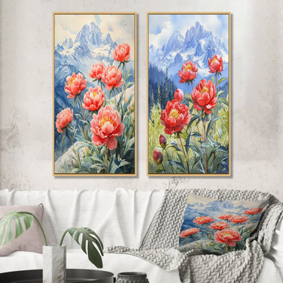 Pivoines et sommets estivaux I - Collection de 2 panneaux muraux floraux