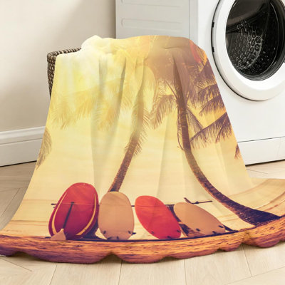 Jeté en flanelle transparente molletonné, planche de surf et palmier imprimé d'un seul côté