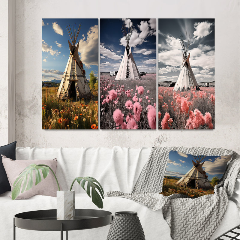 «Coral Beige Native Tipi Serenitys Refuge», 3 pièces sur toile, Toile tendue, H 28 po x l 36 po