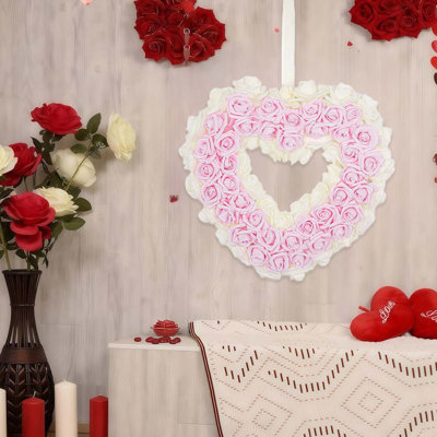 Heart Shaped Rose Wreath - 14in Valentine's Day Artificial Floral Garland for Front Door & Wedding Decor, Perfect Home/Room Decor for Christmas, Anniv