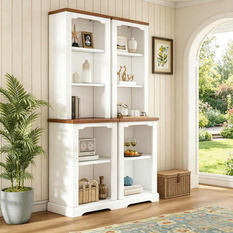 White Walnut Curved Tall Bookshelf, 2-Piece Freestanding Display Cabinet With Full Open Storage And Anti-Tip Safety Design