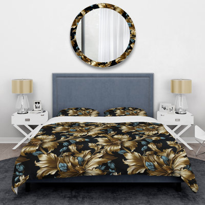 Dark Blue And Golden Gilded Damask Glamour III Floral Duvet Cover