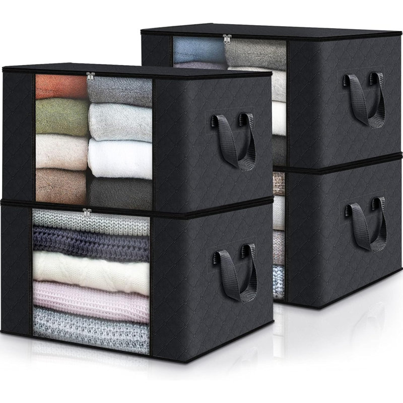 4-Pack Clothes Storage, Foldable Blanket Storage Bags, Storage Containers For Organizing Bedroom, Closet, Clothing, Comforter, Organization And Storage With Lids And Handle