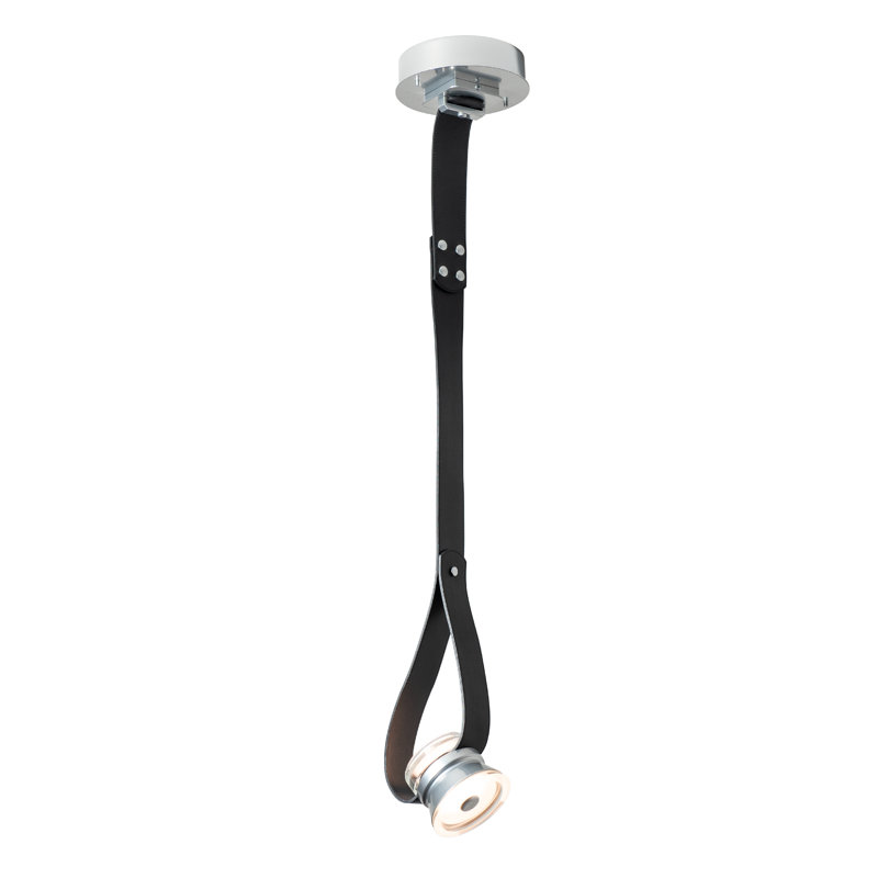 SNAPS Single LED 45º Pendant - Metal Cone, Black, Chestnut Leather