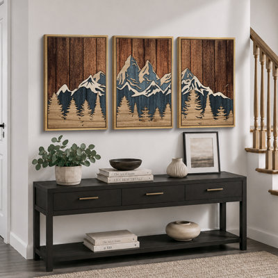 «Western Wood Effect Landscape», œuvre d'art de la forêt de montagne abstraite brune, images murales de cabane de ferme rustique, ensemble de 3 impressions sur toile encadrées