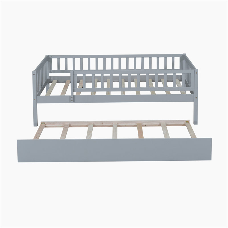 Wood Daybed with Trundle and Fence Guardrails, Gray, Twin