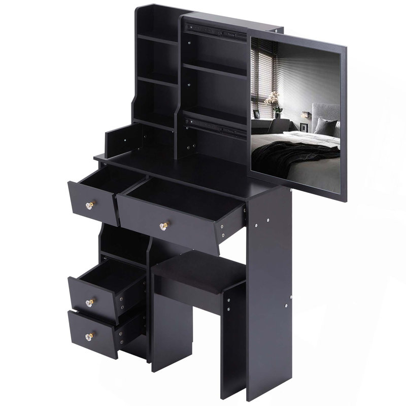 29.2" Small Space Left Drawer Desktop Vanity Table   Cushioned Stool, Extra Large Right Sliding Mirror, Multi Layer High Capacity Storage, Practical Fashionable Dresser, Suitable For Small Space