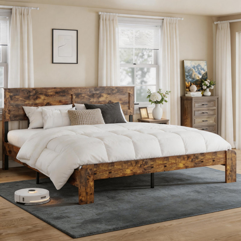 Structure de lit plateforme en bois rustique, lit de style industriel avec support à lattes en métal, aucun sommier requis, assemblage facile, très grand lit