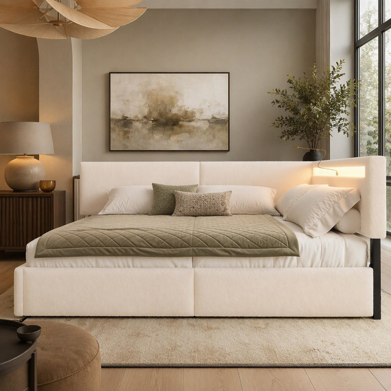 Lit double capitonné Cloud avec tête de lit, 2 tiroirs de rangement, éclairage DEL, port USB, pieds en bois, sans sommier.