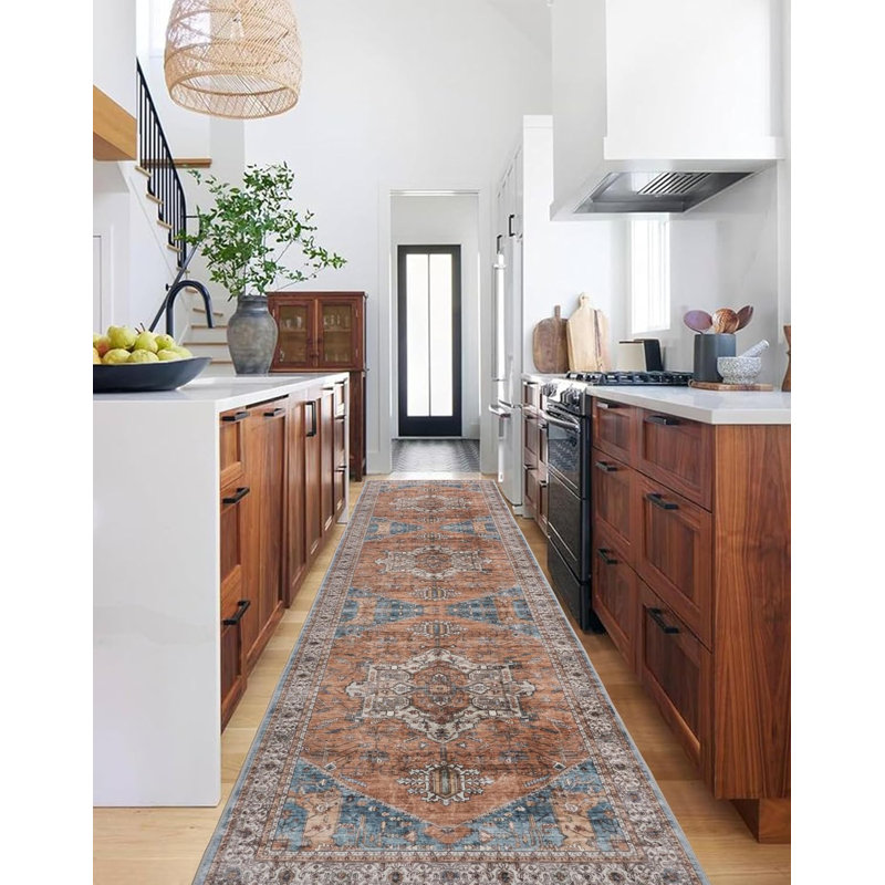 GLN Rugs Traditional Collection - Machine Washable Area Rug, Traditional Washable Rug, Non Slip Washable Rug, Low Pile Chenille Living Room Rug, Bedroom Rug, Kitchen Rug (Burnt Orange Rug)