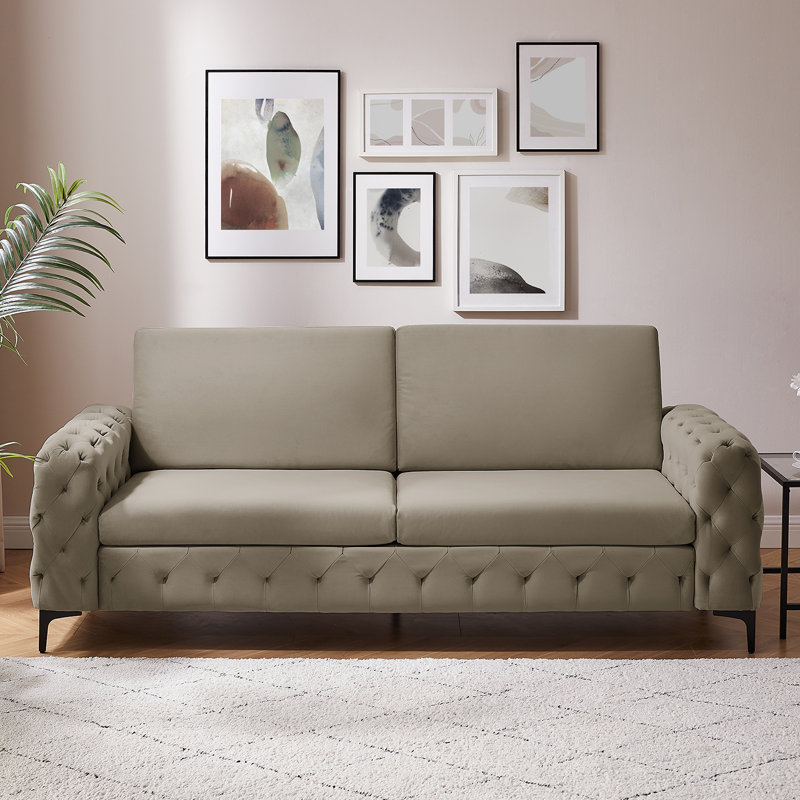 Bushong 222Cm Velvet Square Arms Sofa, Black, Beige Velvet