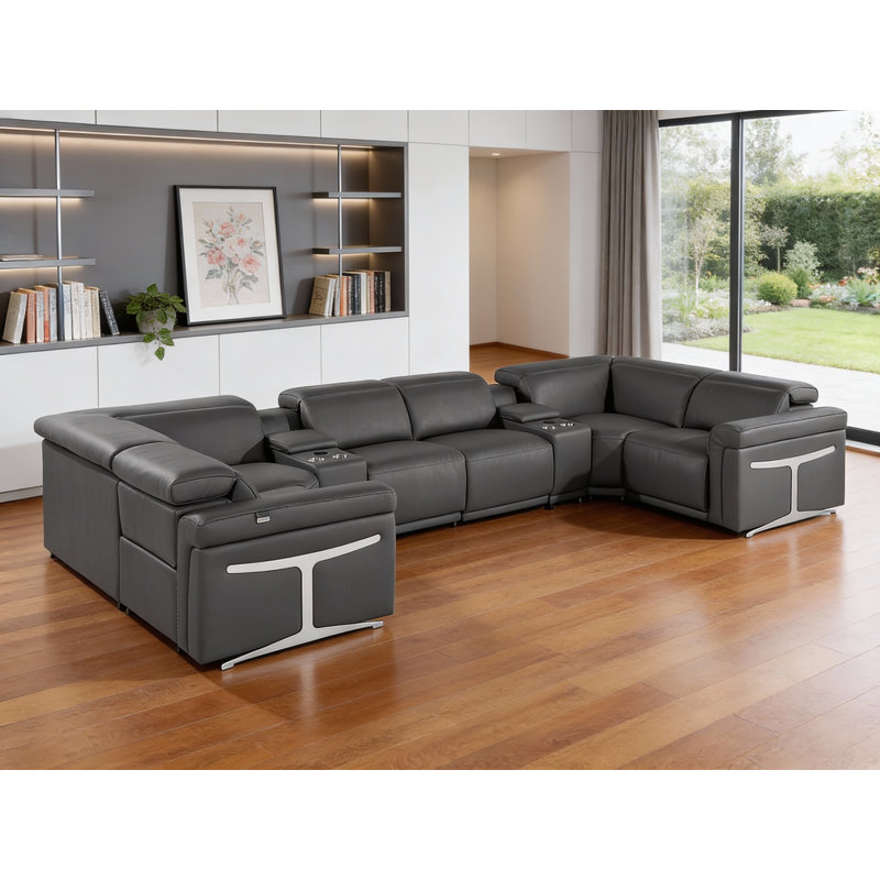 Canapé modulaire en U inclinable électrique en cuir italien foncé foncé avec console