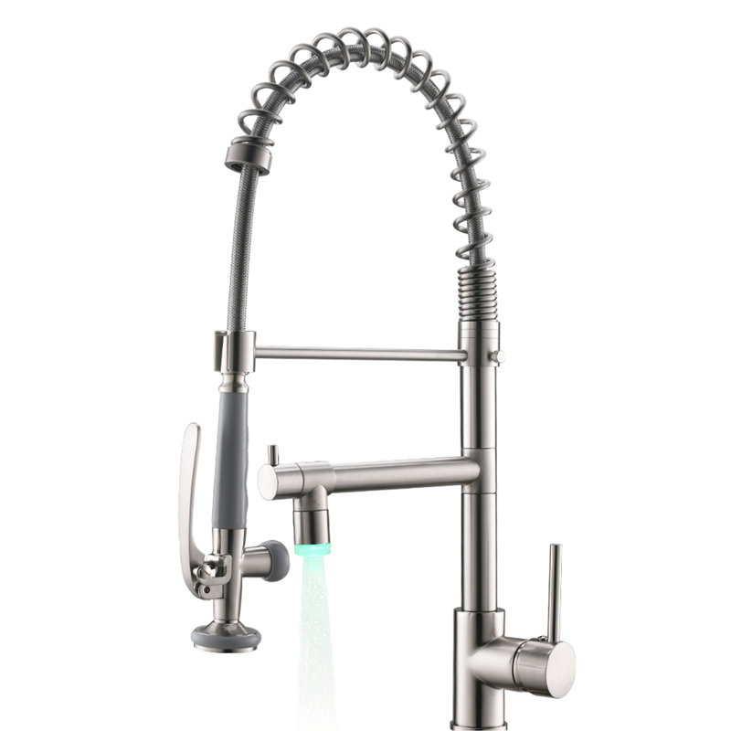 Robinet de cuisine rétractable à poignée simple en nickel brossé - tout en laiton, corrosion, bec pivotant à 360 degrés avec pivot, alimentation en eau chaude et froide