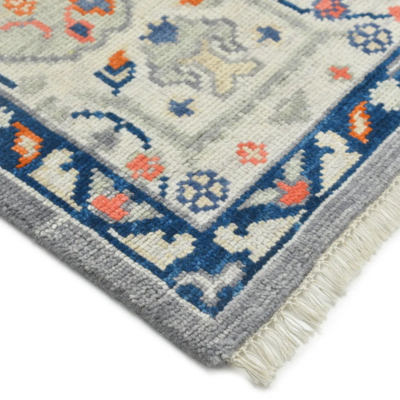 Hand Knotted Oriental Area Rug in Light Gray/Blue/Orange, Rectangle 9' x 12'