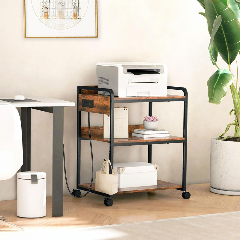 3-Tier Printer Stand With Wheels, Adjustable Shelf, Power Outlet & USB Port For Home Office