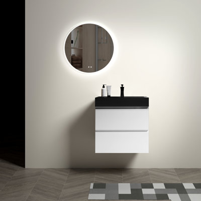 Meuble-lavabo moderne 24 po - blanc avec lavabo noir, optimisation de l'espace, fonctionnement sans heurt, style poignée 24 po, blanc / noir, sophistication, compartiments de rangement spacieux, fonction silencieuse, mur