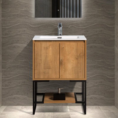  2-in-1 Wall-Mounted & Freestanding Bathroom Vanity with Top and Sink, Open-Shelf Storage Cabinet