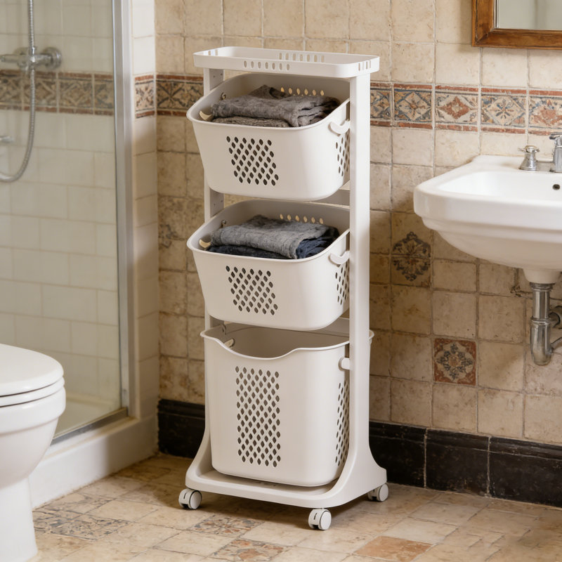 3-tier Rolling Laundry Basket Organizer, Plastic Storage Cart With Lockable Wheels